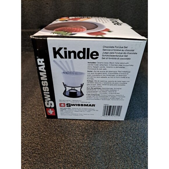 NIB Fondue Set Swissmar Kindle 6 Pc Forks White Ceramic Bowl Black Metal Stand - Picture 4 of 8
